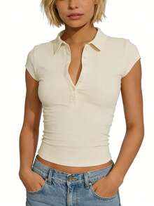 Spring And Summer New POLO Collar Button Short-Sleeved Tight Sports Waisted Versatile Tops Long Sleeve Tops Tops De Mujer Elegantes - 米色 - 查看 7