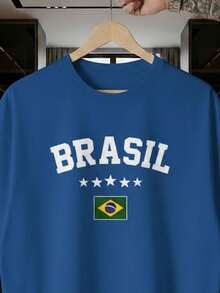 Stylish Sports T-Shirt For Fans Of The World Cup, Brazilian National Football Team, Green And Yellow, Short Sleeve, Men's And Women's, 100% Cotton, Casual, Crew Neck - 寶藍色 - 查看 2