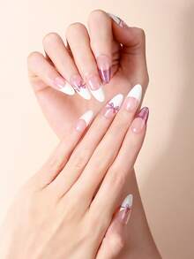 16片春夏白色粉色渐变粉色闪粉蝴蝶结法式半固化凝胶美甲贴，精致奢华甜美风格自粘凝胶美甲贴纸，易于美甲，不易脱落，适合女性居家DIY美甲用品 - 白色 - 查看 3