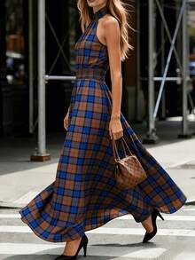 Đầm maxi nữ không tay cổ cao xếp ly vạt bất đối xứng phong cách Anh Quốc mùa xuân/hè, thích hợp mặc hàng ngày, đi làm, hẹn hò, đi nghỉ mát. - Xanh đậm - Xem 5