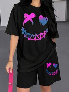 Heart Smile Print Set De Dos Pieza De Mujer Summer Outfits For Women Y2K Breathable Soft Summer Outfit - 黑色 - 查看 1