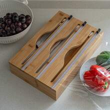 Bamboo Wrap Cutter, Kitchen Food Packaging Organizer, Sliding Cutter Won't Hurt Hands, Tidy Countertop Storage Solution, Packaging Holder - Khaki - View 3