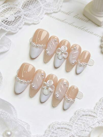 10pcs Handmade Wearable Nails, French Soft Apricot Camellia Pearl False Nails, Handmade Medium Almond Nails, Commute & Date Whitening Removable Press-On Nail Stickers