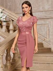 MIUSOL Đầm cocktail thanh lịch với tay phồng, xếp ly, xẻ cao, đính sequin và ren, thích hợp cho phụ nữ dự đám cưới, lễ tốt nghiệp, tiệc tùng và các dịp bán trang trọng khác. Thích hợp cho mùa xuân. - Bụi hồng - Xem 6