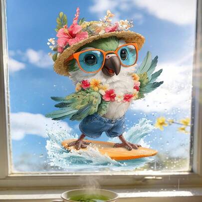 Hình dán tường cú mùa hè mới | Hình dán tự dính PVC cho tường, kính, phòng khách, phòng ngủ, tủ lạnh, tủ bếp, cửa sổ, nhà vệ sinh - Màu hỗn hợp, họa tiết động vật, hình dán có thể tháo rời, với thiết kế cây xanh mùa hè và bãi biển.