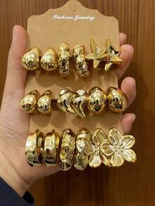 6-18pcs Fashion Jewelry Earrings Set For Women, Including Teardrop, Floral, Geometric, Wooden C-Shaped Earrings, Suitable For Different Occasions - Gold - View 2