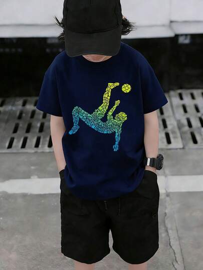 1 st marinblå t-shirt med kort ärm, lämplig för pojkar i mellanåren på sommaren, sport-t-shirt för atletiska pojkar
