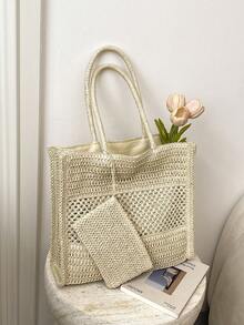 Handmade Woven Straw Large Summer Beach Tote Bag With Small Pouch For Women - White - View 5