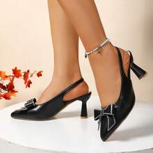 1 Pair Elegant Bowknot PU Leather High Heel Sandals For Women, Office/Summer - Black - View 2