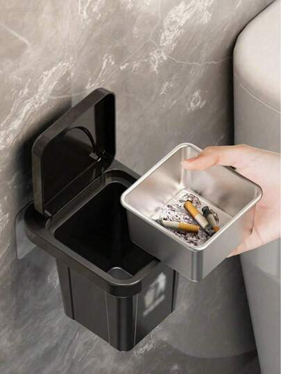 1个带盖不锈钢壁挂式烟灰缸，也可作悬挂式垃圾桶使用。它是一款创意家居和浴室装饰品，适用于客厅、卧室、节日礼物、家庭、办公室、浴室和厨房。