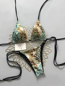 Conjunto de bikini de 2 piezas con estampado de leopardo sexy, estilo retro para vacaciones en la playa, color negro - Negro - Ver 1