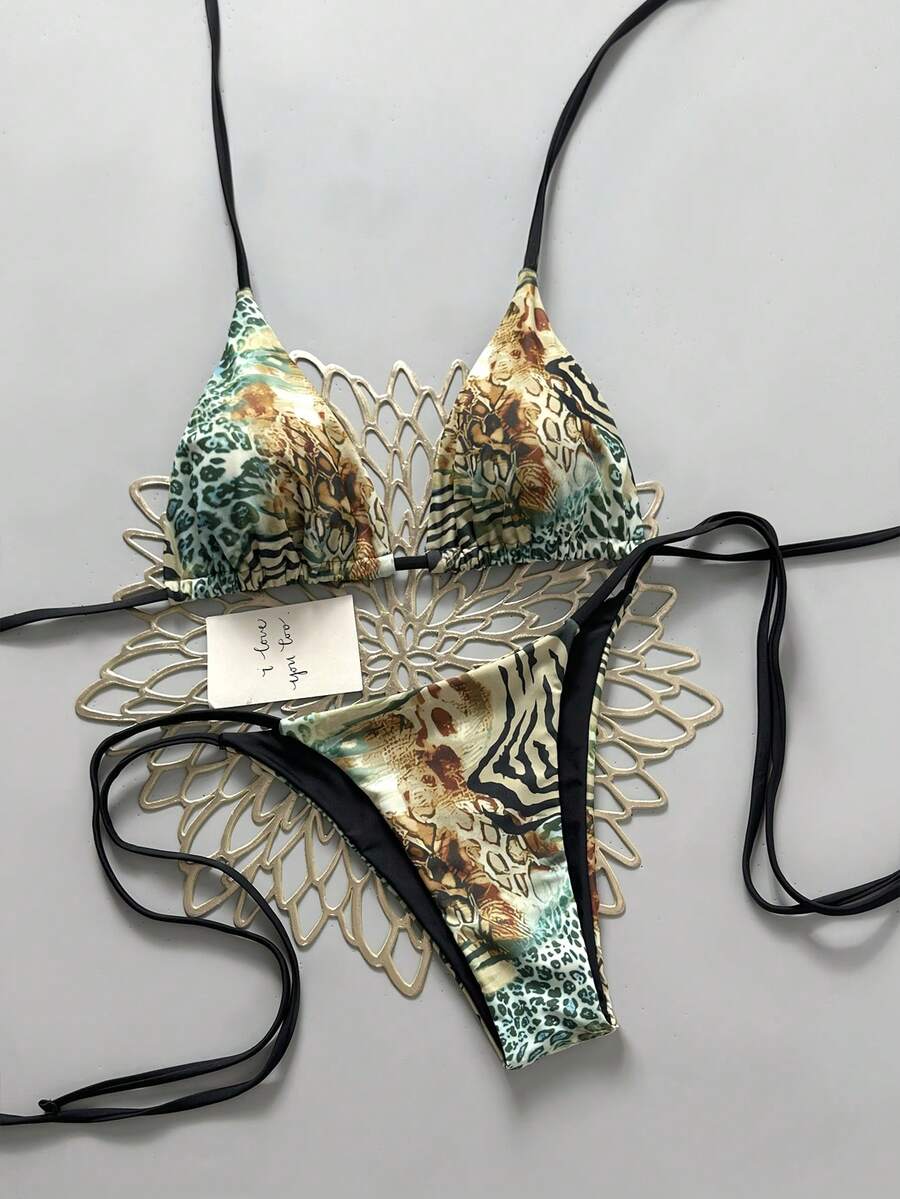 Conjunto de bikini de 2 piezas con estampado de leopardo sexy, estilo retro para vacaciones en la playa, color negro - Negro - Ver 1