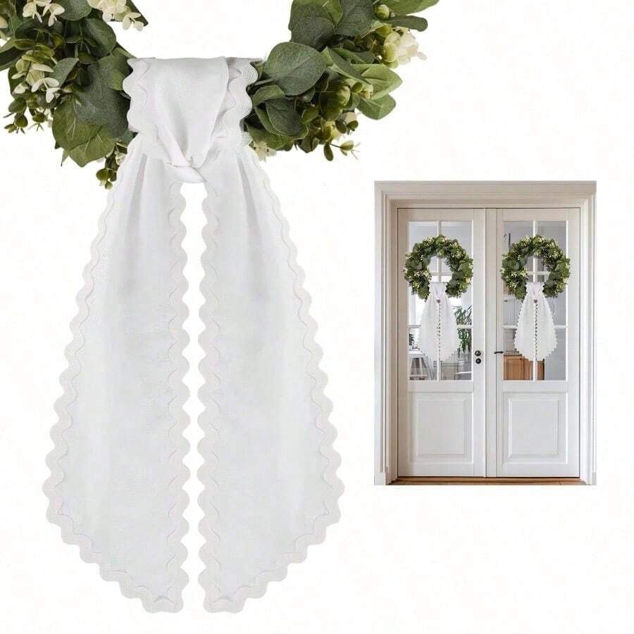 2 Pcs Scalloped Wreath Sash For Front Door Ruffle Wreath Ribbon For Yard Porch Garland Home Decor(White) - Trắng - Xem 1