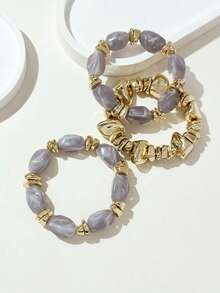 3pcs/Set Gelang Manik-Manik Akrilik Tebal Multi-Lapisan Multi-Warna Gaya Bohemian Vintage Modis dengan Hiasan Batu Hancur Emas untuk Wanita - MultiWarna - View 5