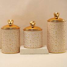 1 Luxurious Ceramic Storage Jar With A White And Gold Pattern (With Lid), Featuring Embossed Dot Design Decorations. The Jar Is Suitable For Storing Tea, Sweets, And Snacks And Can Be Used In The Kitchen/Bathroom. - View 3