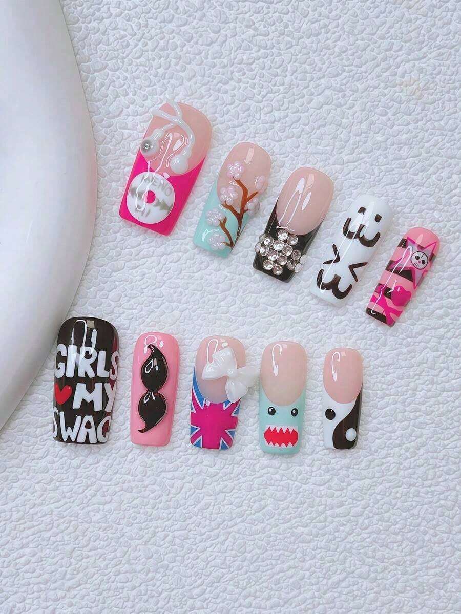 10pcs Y2K Nails Pipe-Shaped Press On Nails Set - Handcrafted, Pink Nails, Black Nails, Blue And White French Tip Nails, Handmade 3D Earphones And 3D, Hand Drawn Green Tea Flower And Shark Design, Hand Drawn Music Elements Nail Art, Sparkling White Bow And Decoration Nail Supplies Handmade Press On Nails - L - 查看 1
