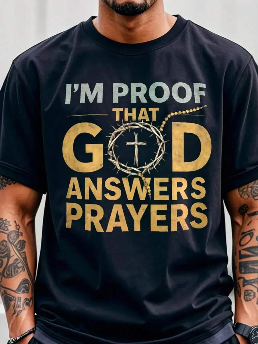 Men's Christian T-Shirt "I Am Proof Of God's Answer To Prayer" With Gold Crown Cross And Lettering - Ultra Soft And Breathable Fabric Suitable For Church, Easter, Christmas - White Crew Neck And Short Sleeve, Unisex (Machine Washable) Religious Clothing - 黑色 - 查看 1