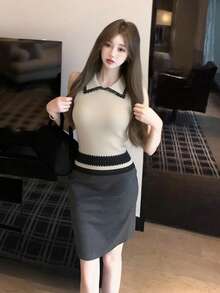 撞色彼得潘领蕾丝拼接针织背心，夏季百搭叠穿上衣 - 杏色 - 查看 4