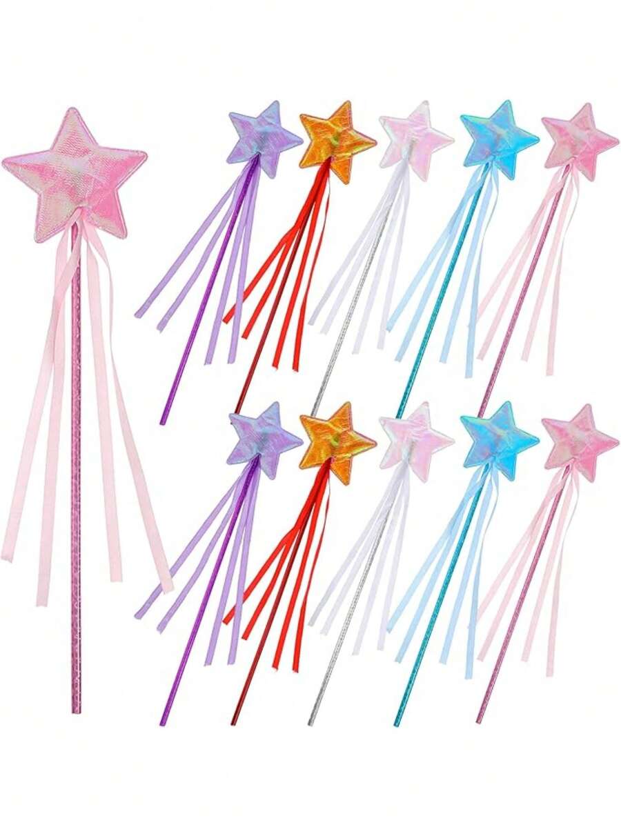 5支星形公主魔杖 - 派对礼物，完美适用于节日、生日、婚礼和周年纪念日 - 主题派对道具、角色扮演和庆祝活动。闪亮仙女棒配丝带，公主主题派对礼物，角色扮演派对用品。 - 多款式 - 查看 1