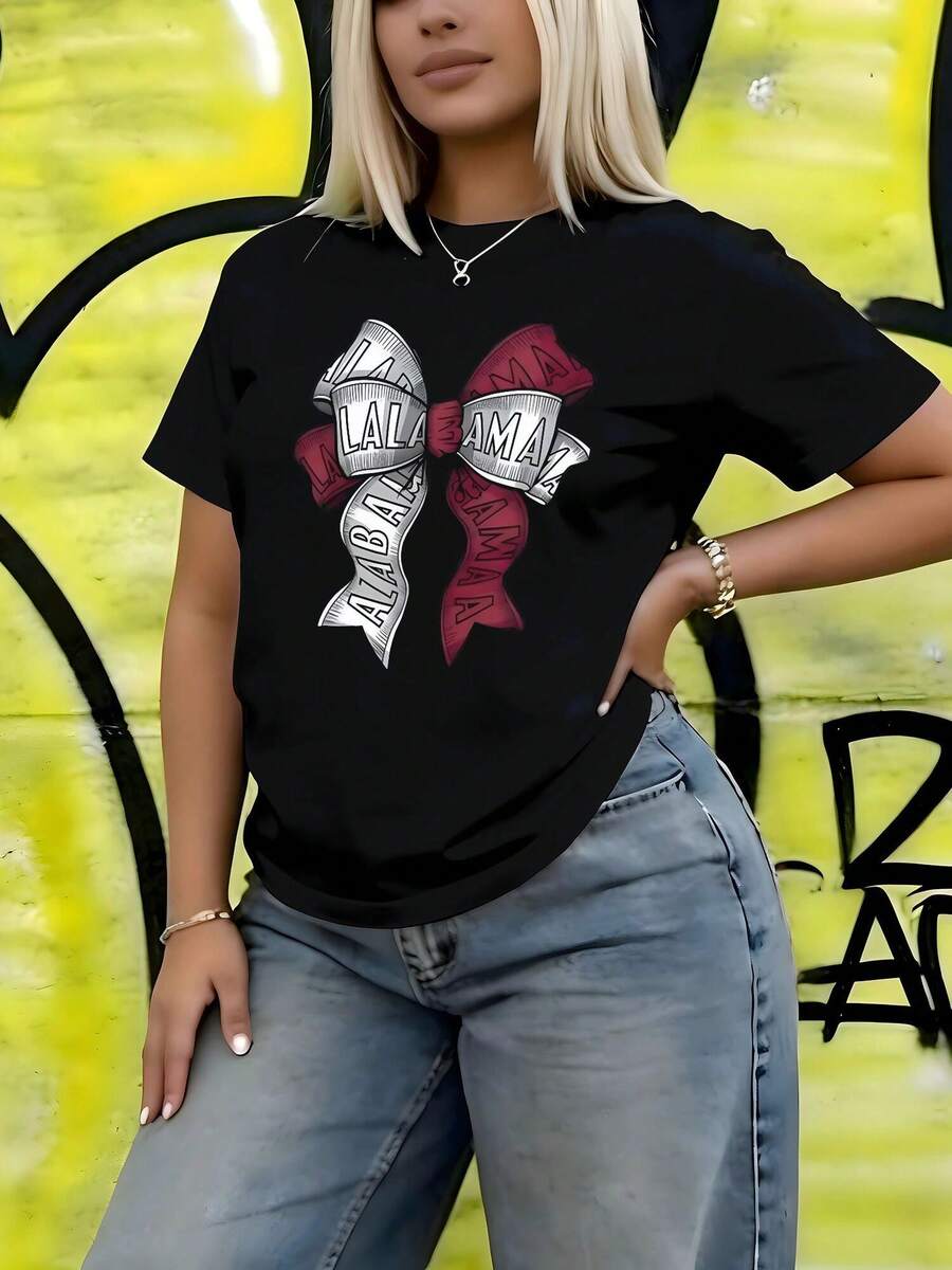 Plus Size Women's Vibrant Letter V Neck Creative T Shirt Simple And Stylish High Quality T Shirt Print T Shirt Casual Crew Neck, Short Sleeve, Comfort Fit Top For Spring & Summer, Achine Washable Summer Vacation - 黑色 - 查看 1