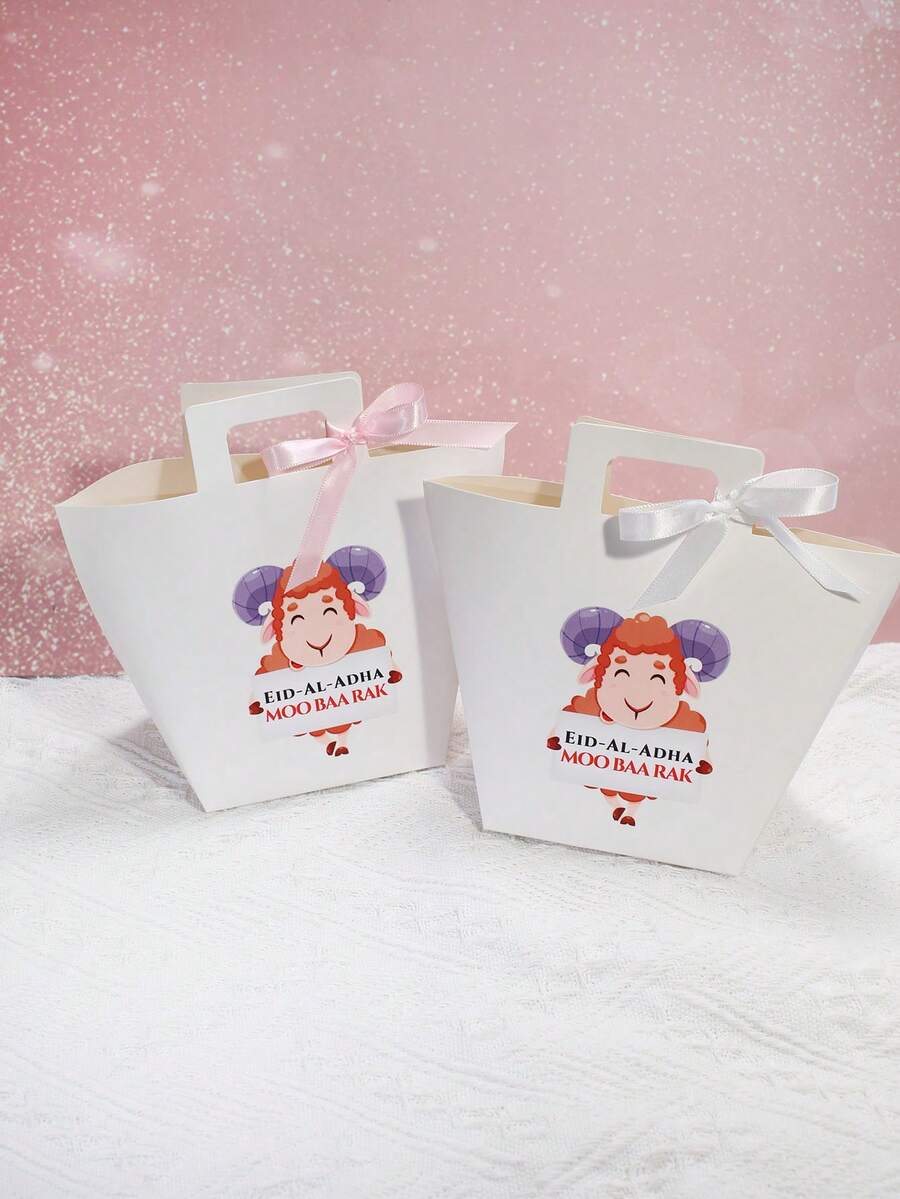 6pcs Cute Eid Al Adha Favor Boxes With Cartoon Sheep Design Moo Baa Rak Gift Boxes With Handle And Ribbon, Kids Eid Mubarak Treat Boxes For Candy, Snacks, Small Gifts, Party Favor Packaging, Baby Shower, Family Celebration, Easy To Assemble