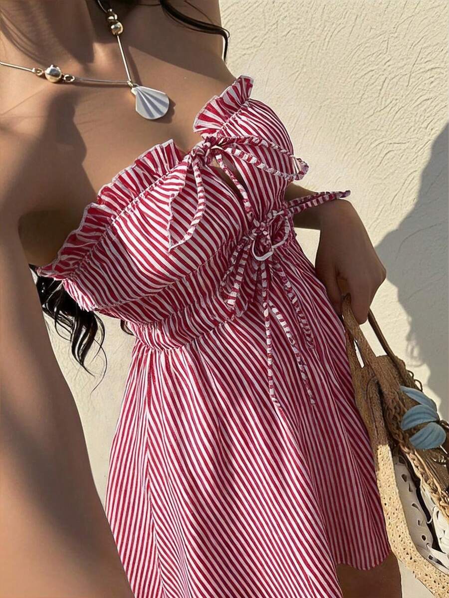 Blue Striped Ruffle Hem Tube Dress - Vacation Beach Mini Dress, Front Tie Elegant Red Summer