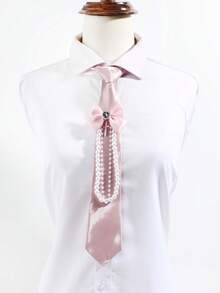 1pc Women's Fashion Bow Tie Cross Faux Pearl Chain Pink Simple Clip-On Tie, Suitable For Dates, Shopping, Parties, Daily Shirt Matching,Festival,Travel,Disco,Graduation Outfit - Multicolor - View 2