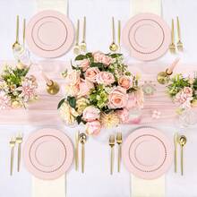 Zerulis 60PCS Pink Plastic Plates - Heavy Duty Beaded Disposable Plates For Party, Baby Shower, Wedding, Birthday - Serving 30 Guests Include 30PCS 10inch Dinner Plate & 30PCS 7inch Dessert Plate - 60 - 查看 4