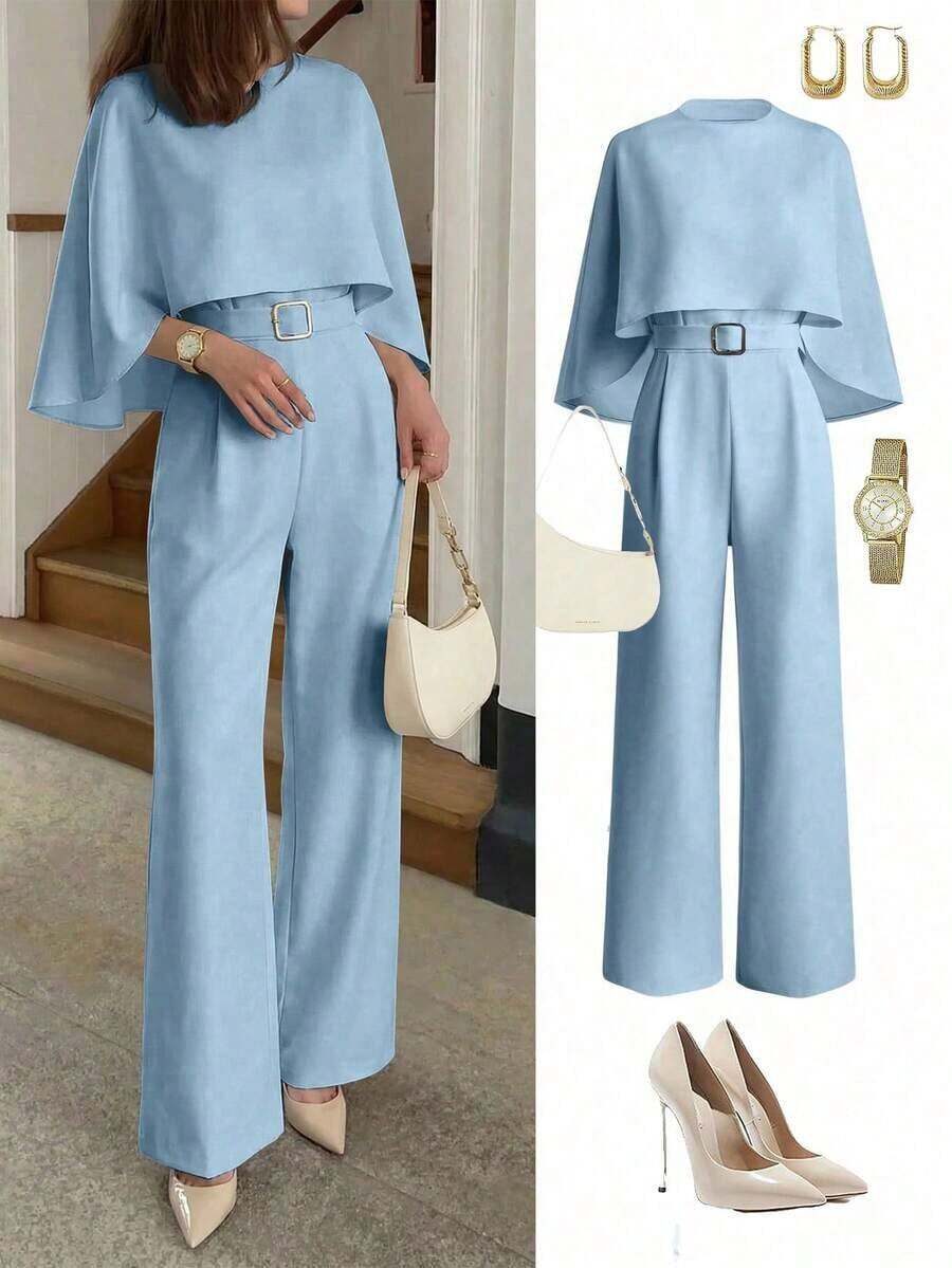 Women's Winter French Style Shawl Collar Jumpsuit, Metal Buckle Belt Slim Fit Casual Formal One-Piece Outfit - 淺藍色 - 查看 1