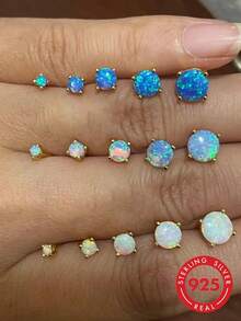 GAGAFEEL 1pair Mini Dazzling And Light Luxury S925 Sterling Silver Atificial Opal Sparkling Zirconia Earrings For Women's Daily Party Wear - Royal Blue - View 1