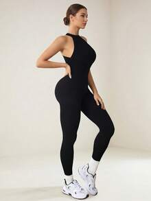 无缝罗纹露背连体衣，高弹透气提臀健身连体衣，跑步训练运动紧身衣 - 黑色 - 查看 3