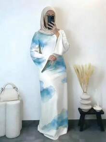 Đầm Abaya thanh lịch, co giãn, tay dài xòe, họa tiết trừu tượng. - trắng - Xem 2