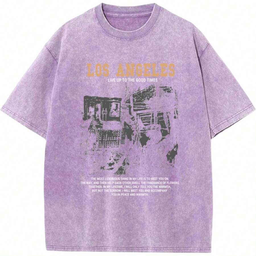 Oversized Graphic Tshirts For Men Acid Wash Los Angeles Vintage Tees Streetwear Baggy Cotton Shirts Casual Topswinter Clothes For Women - 紫色 - 查看 1