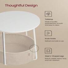 Mesa Auxiliar, Mesa Lateral Redonda con Cesta de Tela, Mesita de Noche, Estilo Moderno, Blanco Nube y Beige Natural MLET223W10 - Redondablanco - Ver 6