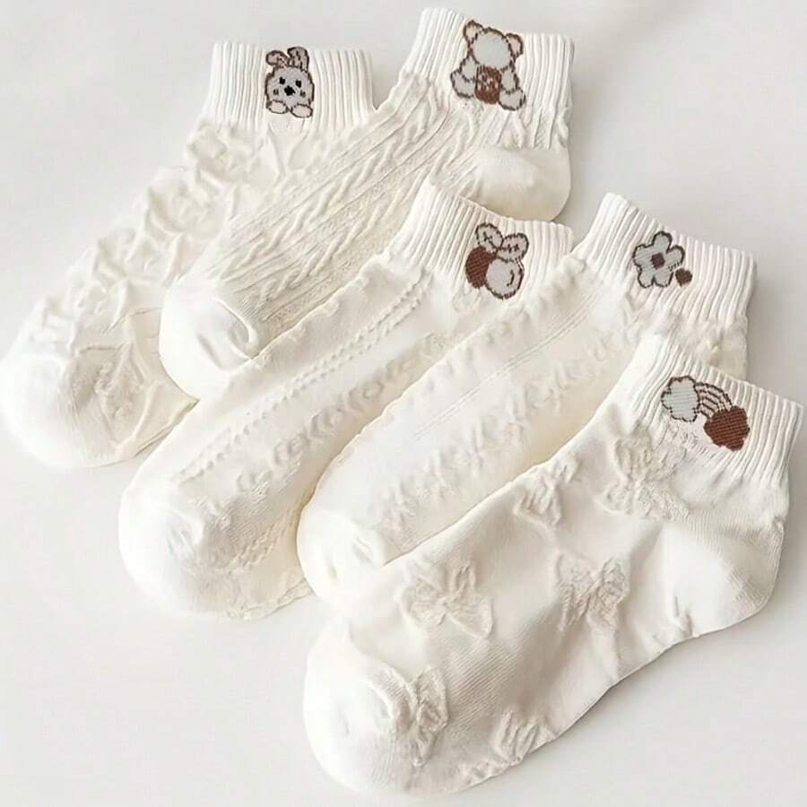 5 pares de calcetines de tobillo de punto texturizados con estampado de oso de dibujos animados y floral blanco, lindos y casuales para mujeres
