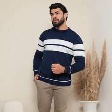 Men's Striped Knit Sweater, Casual Style, Elegant Winter Sweater, Round Neck, Comfortable For Autumn. - Navy Blue - View 2