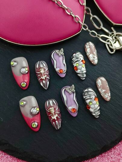 10 Móng Tay Giả Hình Hạnh Nhân Thủ Công, Họa Tiết Kim Loại 3D, Hoa Hồng, Bướm, Phong Cách Y2K