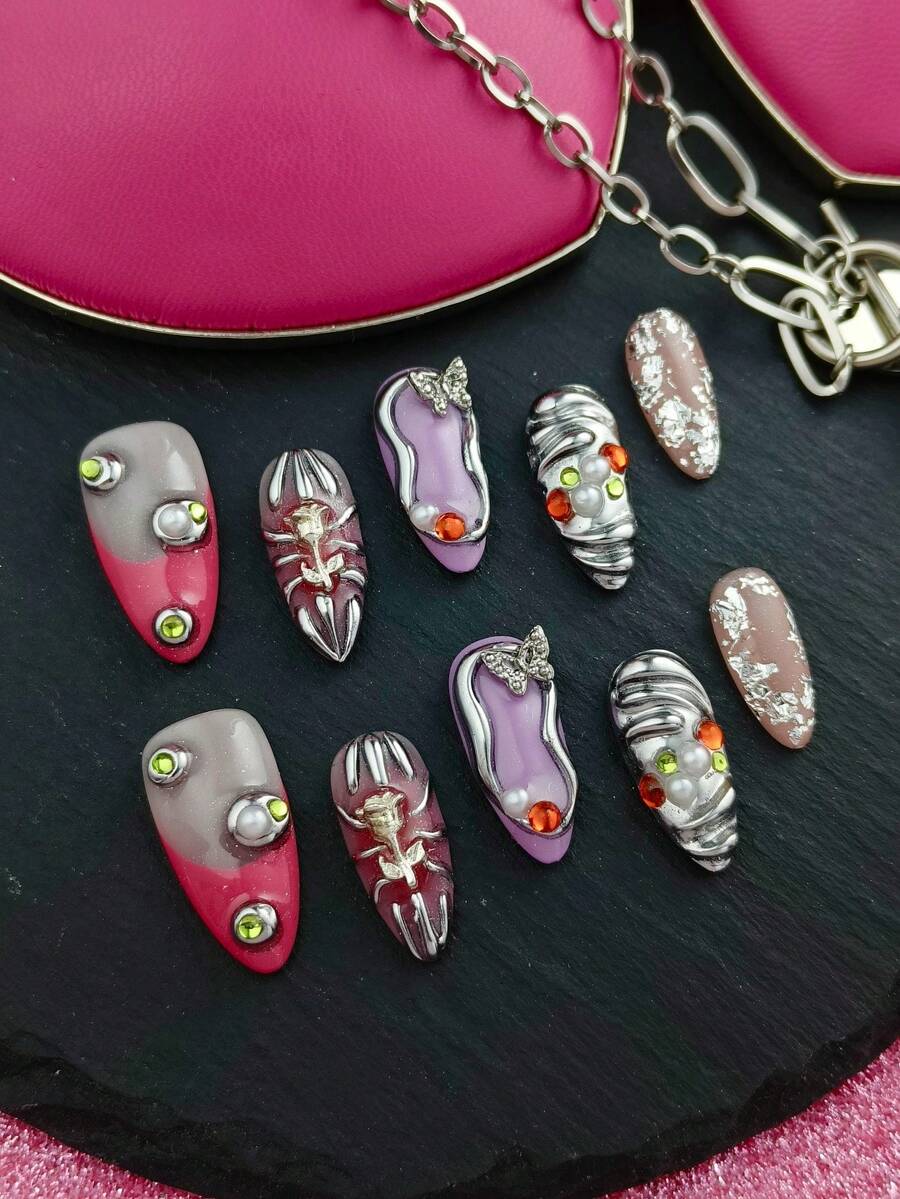 10 Móng Tay Giả Hình Hạnh Nhân Thủ Công, Họa Tiết Kim Loại 3D, Hoa Hồng, Bướm, Phong Cách Y2K - Màu Hồng Tươi - Xem 1