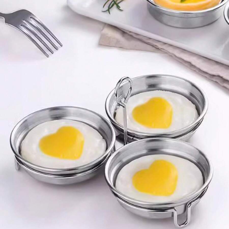 Khuôn làm trứng 3 trong 1 bằng thép không gỉ 304 hình trái tim, có thể tái sử dụng, dùng cho bữa sáng, chiên hoặc luộc. - Bạc - Xem 1