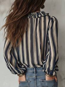 Women's New Bohemian Striped Shirt With Ruffle Hem Vacation - Black and White - View 2