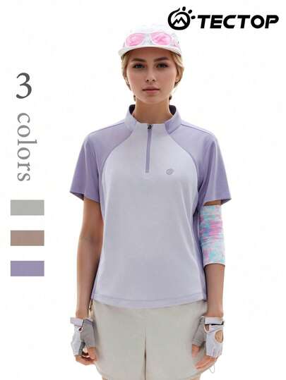 TECTOP Women's Summer Sports & Fitness Short Sleeve Top, Suitable For Running, Hiking, Yoga, 1/4 Zip Stand Collar, Comfortable Casual T-Shirt