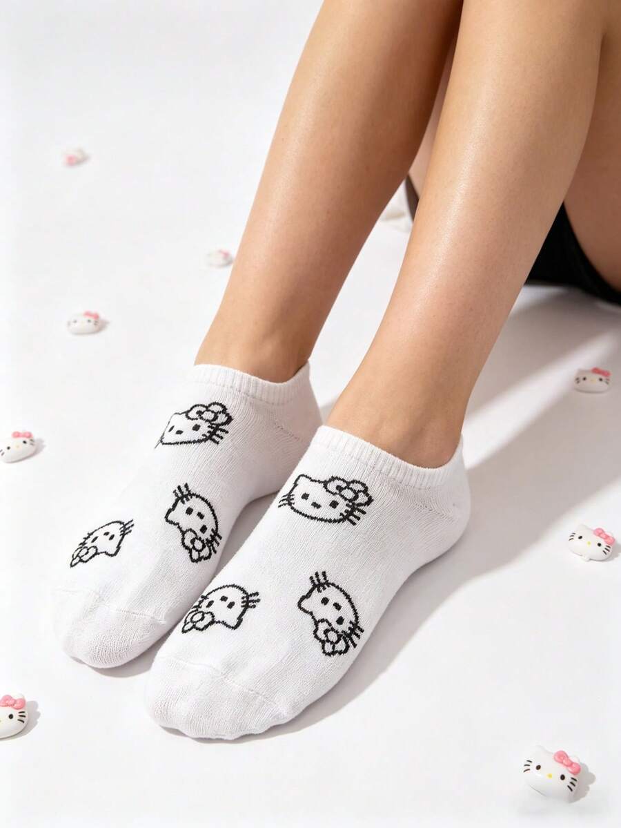 SANRIO 5双装卡通猫咪图案休闲短袜（女款） - 黑與白 - 查看 1