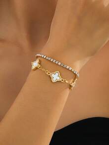 1 Set Luxury Rhinestone Hollow Clover & Elastic Bracelet, Women Bracelet Set For Stacking - White - View 2