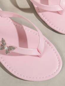 Women's Summer Flip Flops, Butterfly Flower Rhinestone Pearl Round Toe Minimalist Design, Lightweight & Fashionable, Suitable For Outdoor, Party, Vacation, Comfortable Flat Beach Sandals - Pink - View 7