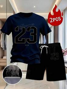 Mens Clothes Set Of 2pcs Including A White T-Shirt Featuring A Black And Golden '23' Print,Shorts That Have Golden '23' Accents And A White Drawstring - 海軍藍 - 查看 12