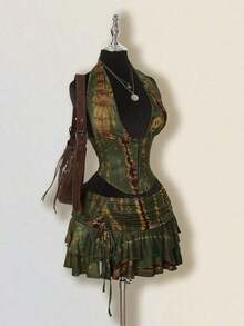 ICON Women's Tie-Dye 2 Pieces Set, Hippie Style Tie-Dye Low-Cut Super Mini Skirt, 2 Pieces Ultra Low-Waist Set - 軍綠色 - 查看 9