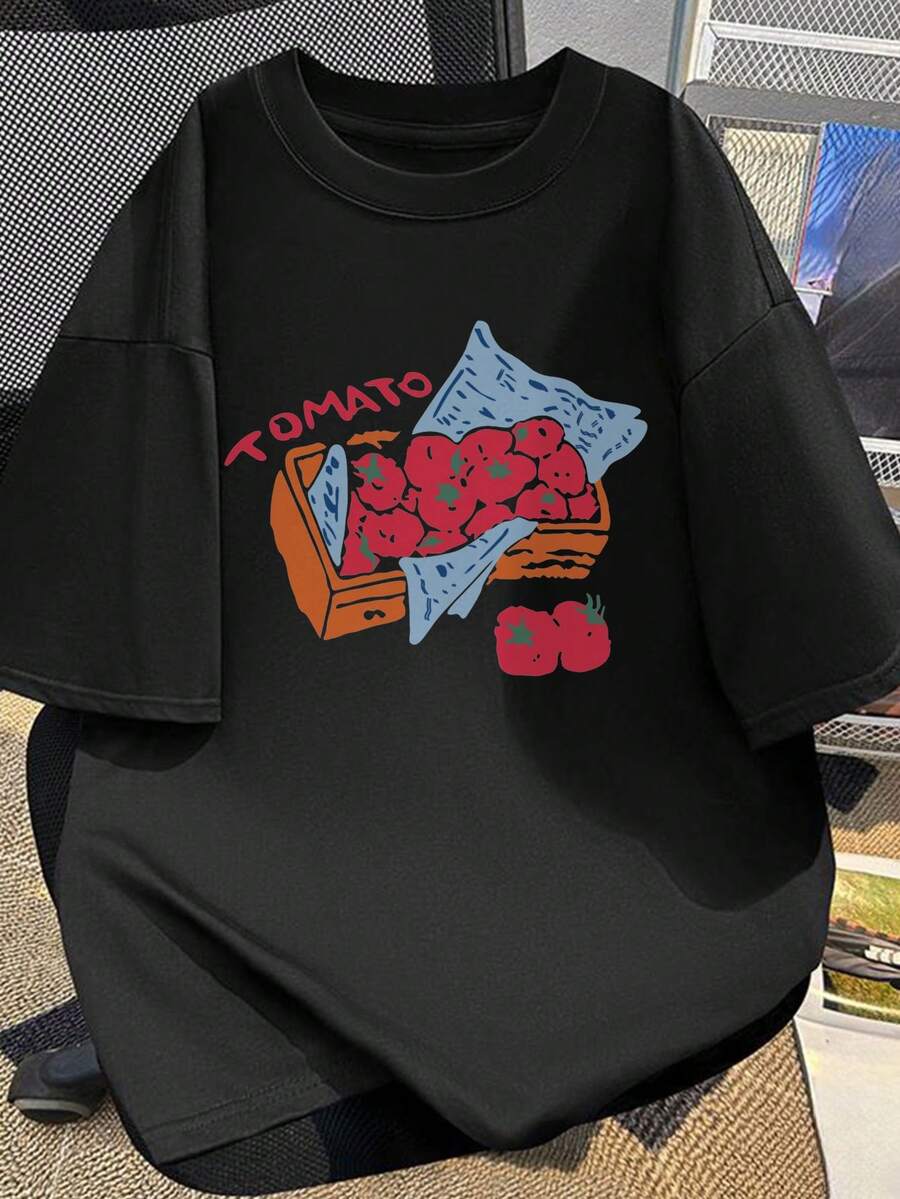 Pure Short Sleeve T-Shirt With Tomato Print And Text Casual Commuter Top - Black - View 1