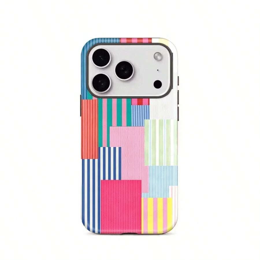Funda de película con diseño de patrón de empalme único a rayas, diseño de moda de dos en uno, resistente, caso de doble capa a prueba de caídas, compatible con iPhone 17, 16, 15, 14, 13, 12, 11, 8, 7, X, XS, XR, Plus, Air, Pro, Max, Mini, SE2, SE3, perfecta nueva - Multicolor 1 - Ver 1