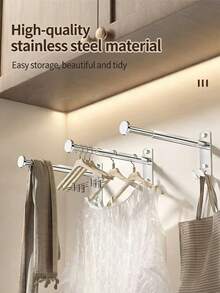 No-Drill Stainless Steel Hanger Organizer – Wall-Mounted Clothes Hanger Storage Rack,Made Of Thickened Stainless Steel With Strong Load-Bearing Capacity, Features A Telescopic Design. Easy To Install, Waterproof And Rust-Proof, Ideal For Organizing Hangers, Clothes, And Small Items In Balconies, Closets, And Bathrooms. - Multicolor - View 9