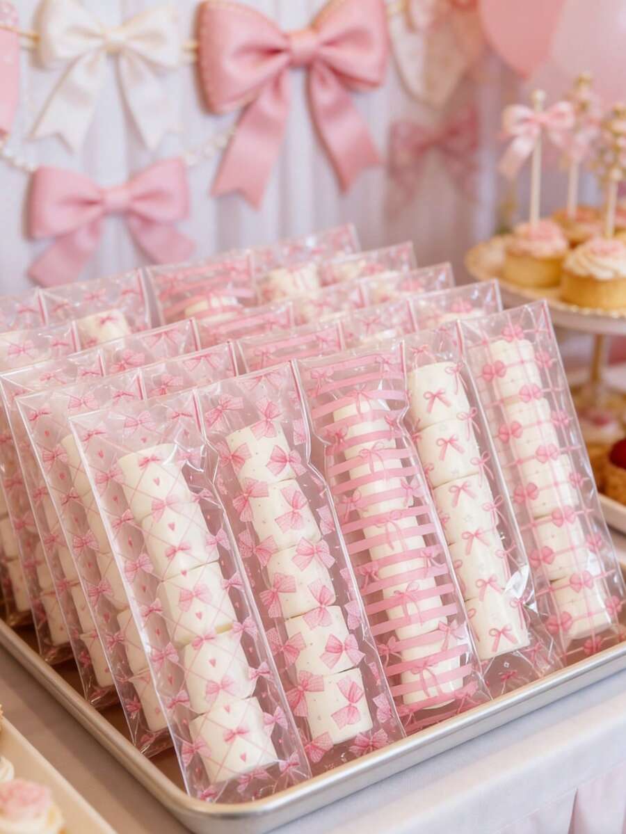 100个粉色蝴蝶结透明糖果袋，女孩生日派对回礼袋，节日、婚礼礼物袋，粉色蝴蝶结派对回礼袋，婴儿派对饼干袋，棒棒糖包装袋，蝴蝶结生日派对填充物，透明食品包装袋，粉色派对用品，新娘送礼会食品包装，性别揭晓派对装饰，烘焙饼干袋，粉色蝴蝶结装饰，派对餐桌装饰，生日礼物，派对回礼